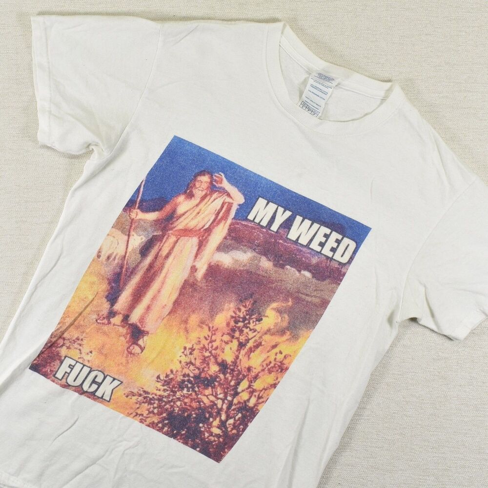 Vintage Style Burning Bush Moses Graphic T-Shirt Mens S Jesus Funny Weed Tee
